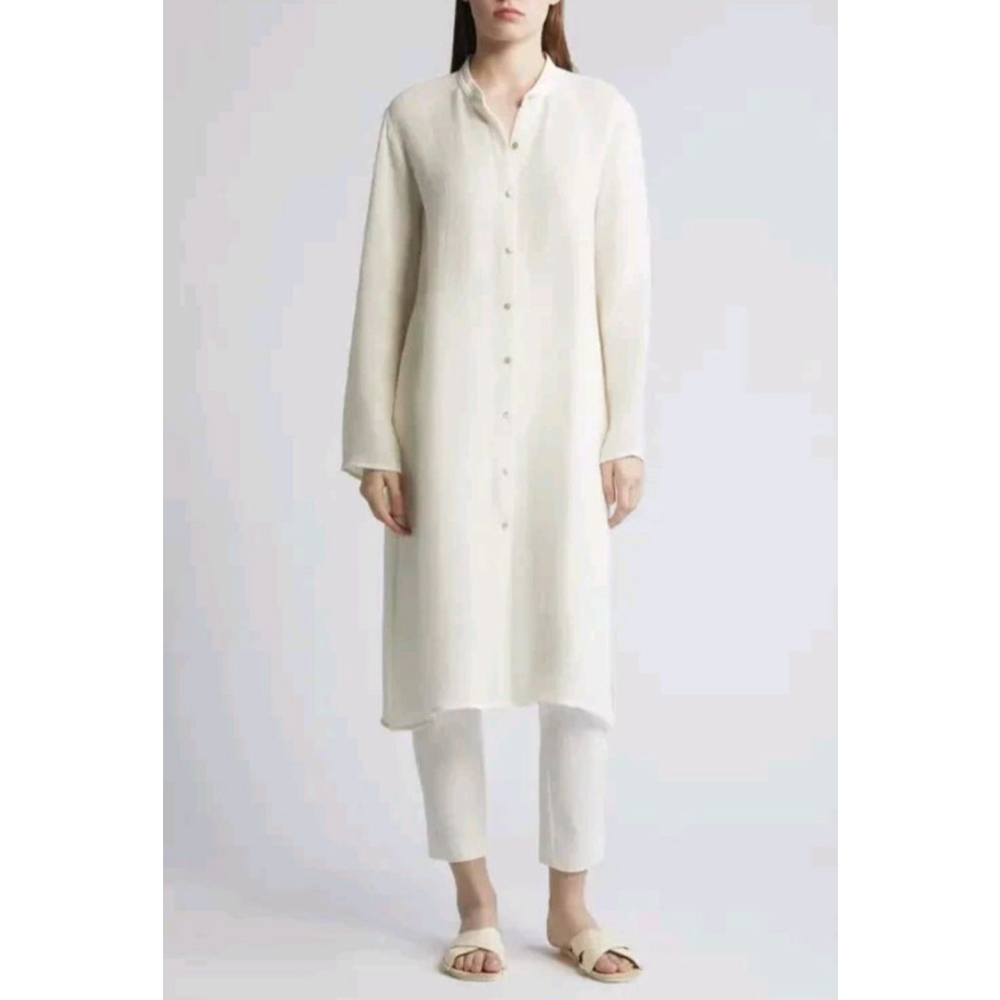 Women's Eileen Fisher Organic Linen Long Shirt Dress Ivory Medium